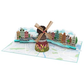 MOKIO® Pop-Up Amsterdam Travel Voucher - Windmill, Tulips and Canals - 3D Birthday Card for a Holland Holiday or as a Voucher for a City Trip for a Birthday