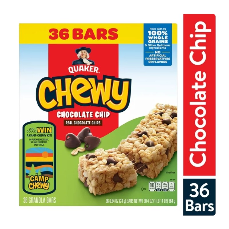 Quaker Chewy Chocolate Chip Granola Bars, 0.84 oz, 36 Count