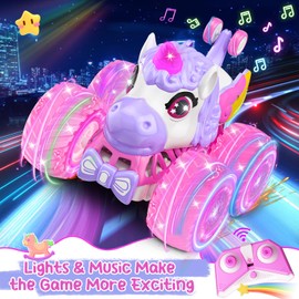 Remote Control Car for Girls, 360° Rotating, 4WD RC Stunt Cars, Unicorn Monster Truck Toys with Light and Music, 2.4 GHz, Rechargeable, Various Terrain Pink Car, Girl Christmas, Birthday Gift Age 3-10