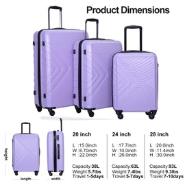 Travelhouse Luggage Set 3 Piece ABS Lightweight Suitcase with Spinner Wheels Hardside Carry on Suitcase,TSA Lock for Travel, Business (20inch 24inch 28inch) (LIGHT PURPLE)