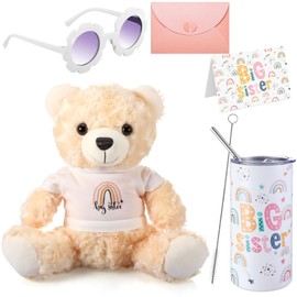 Woanger 5 Pcs Big Sister Gift for Girls New Big Sister Gift Set Include 10" Big Sister Bear Plush 14 oz Stainless Steel Tumbler Cup Floral Sunglasses Rainbow Sign and Envelop for Christmas