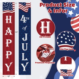 COCHIE Happy 4th of July Decorations Banner a Set of 2, 12"x71" Fourth of July Party Door Porch Sign Banner for Home Yard Lawn Front Door Decor, Red Blue White Parties Decoration Indoor Outdoor (USA Flag)