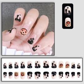 V231 Nail Tip, Nail Stickers, 24 Pieces, Short, Popular, Fashionable, Handmade, Reusable Spider Webs, Ghosts, Pumpkin, False Nails, Halloween, Cosplay, Costume, Coming-of-Age Ceremonies, Parties,