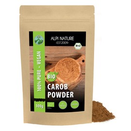 Organic carob flour (500g, 1.1lb), dark carob powder, from controlled organic cultivation, gluten-free, lactose-free, laboratory-tested