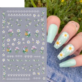 5 Pcs Flowers Nail Stickers Decals - SHANRUN 5D Relief Nail Art Stickers Nail Stickers for Nail Art Spring Summer 5 Different Daisy Styles Design Manicure Sliders for Women Nail Art Decorations