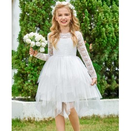 Arshiner Girls Dresses Long Sleeve Toddler Tutu Formal White Flower Wedding Tulle Dress