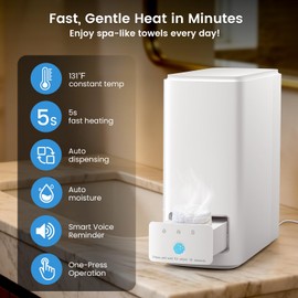 Hot Towel Dispenser Machine for Face, 5s Fast Heating 131°F Constant Temperature Towel Warmer Heater with Smart Voice Reminder, 20 Compressed Facial Towels for Home Spa, Skincare, and Makeup Removal