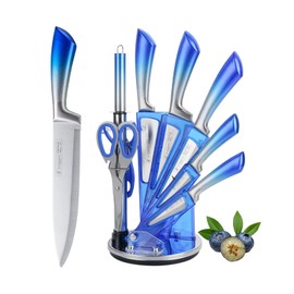 Knife Set, 9-Piece Kitchen Knife Set with Sharpener,Scissors, Dishwasher Safe Non Stick Sharp Stainless Steel Chef Knife Block Set with Acrylic bracket for Kitchen (Gradient Blue)