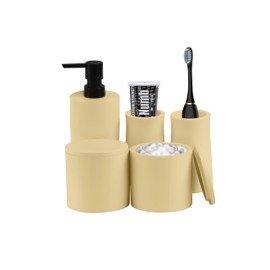 Bathovati Beige Bathroom Accessories Set 5 Pcs, Modern Bathroom Accessories，Lotion Soap Dispenser, 2 Qtip Holder Dispensers, 2 Bathroom Tumbler-Bathroom Accessory Countertop-Bathroom Accessory Set