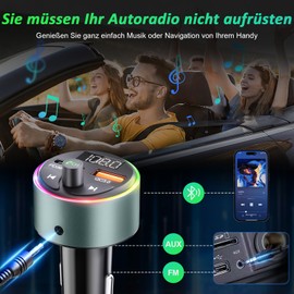 Bluetooth Adapter Car, SOARUN AUX Bluetooth 5.3 FM Transmitter Car Radio 54W (PD 36W & QC 3.0 18W) Metal Car Charger with Hands-Free USB Connection Car Kit, 9 RGB Light with Light Switch