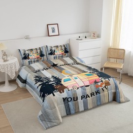 Happy Camping Bedding for Girls Kids Teens, Pink Rv Car Comforter Set, Rustic Wooden Vintage Farmhouse Down Comforter, Camper Bedding Set for Travel Trailers, Wolf Bear Hunting Theme Quilt, Queen