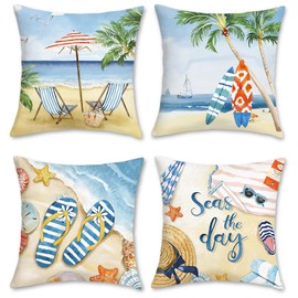 Bonhause Summer Beach Throw Pillow Covers 18x18 Starfish Surfboard Palm Tree Seaside Scenery Decorative Pillows Soft Velvet Cushion Cases for Couch Sofa Bed Home Decor Set of 4
