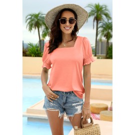 WIHOLL Womens Summer Tops Cute Puff Sleeve Square Neck Valentine Shirts Fashion Coral XL