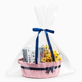 Goodheim Hamper Baskets for Gifts Empty，Christmas Gift Basket Kit with Cellophane Wrap，Bow Set Hamper Small for Birthday Xmas Present Pink with Bow