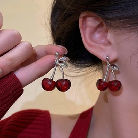 Cybche Boho Black Cherry Dangle Earrings Cherry Drop Earrings Cute Cherry Earrings 3D Cherry Fruit Earrings Silver Leaf Cherry Stud Earrings Jewellery for Women, Zinc, No Gemstone
