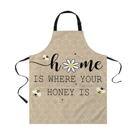 LEOKOTI Cute Bee Black Home Is Where Your Honey Is Aprons for Women Men with 2 Pockets, Brown Hive Backdrop Waterproof Kitchen Aprons Adjustable Chef Apron for Cooking 26.5"x35"