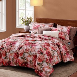 CASAAGUSTO Queen Comforter Set, 7 PCS Red Rose Floral Comforter Set with Flowers Leaves Pattern, Soft Seersucker Design All Season Queen Size Bedding Set(90"X90")