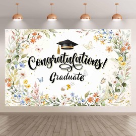 ZTHMOE Fabric 72x43inch Congratulations Graduate Photography Backdrop Class Pink Floral Congrats Grad Background School Students Party Decoration Photo Banner Booth