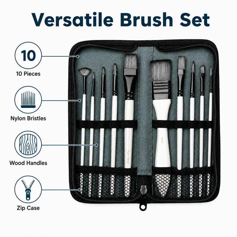 10-Piece Paint Brush Set for Acrylic & Watercolor - Nylon