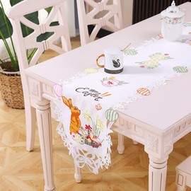 Easter Table Runner Floral Spring Table Topper Colorful Cutwork Embroidered Floral Bunny Eggs Pattern Table Centerpiece for Home Party Kitchen Dining Festival Decoration Rabbits 13"×35"