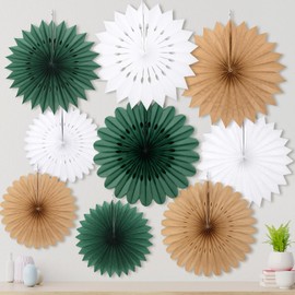 Resholder 9 Pcs Large Christmas Paper Fans Decorations Neutral Paper Hanging Ornament Paper Hanging Decorations for Winter Holiday Party Xmas Home Decorations 10/12/14 Inch(Brown Green White)
