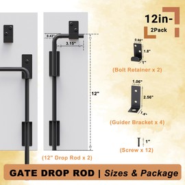 Auxdee 12 inch Gate Drop Rod Cane Bolt for Wooden Fences Metal Gates Bolt Gate Ground Latch for Double Doors or Vinyl Fence Gates Heavy Duty Gate Ground Stopper Hardware Black Finish (2 Pack)