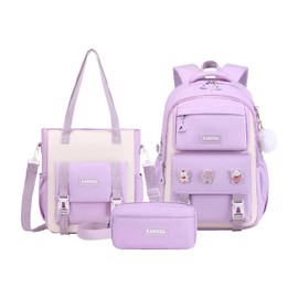 PIG PIG GIRL Girls Backpack, 3pcs Sets Kids Backpack for Girls with Anti-theft Back Pocket, Lightweight School Backpack Water Resistant Tote Bag with Pencil Case for Elementary Primary School, Purple
