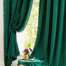 Treatmentex Pompom Velvet Green Curtains for Bedroom 95" Long Room Darkening Luxury Heavy Window Draperies for Winter Holiday Season Décor 42" w x 2Panels Dark Green Rod Pocket
