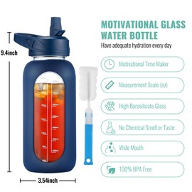 CIVAGO 32 oz Glass Water Bottle with Straw and Handle, Large Sports Motivational Water Bottle Flask with Time Marker and 2 Lids, Leakproof Water Jug Canteen with Silicone Sleeve for Gym,Navy