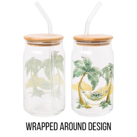 Silver Buffalo Disney Lilo and Stitch Relaxing Chilling in Hammock Island Glass Jar Tumbler with Bamboo Lid and Glass Straw, 16 Ounces