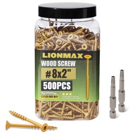 LIONMAX Deck Screws 2 Inch, Wood Screws #8 x 2, 500 PCS, Rust Resistant, Exterior Epoxy Coated, Outdoor Decking Screws, Torx/Star Drive Head Screw, T25 Star Bit Included, Tan