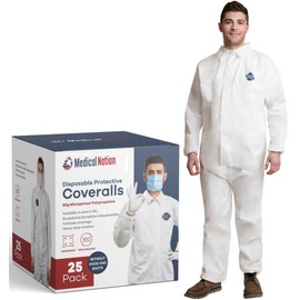 Medical Nation Hazmat Suits Dispsosable | 25 Pack, 5X-Large | Non-Hooded Protective Coveralls - Heavy Duty Full Body Painters Suit for Men & Women Without Hood - Breathable & Water Resistant - 5XL