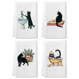 DETIHO Black Cat Hand Kitchen Towel, Cat Lover Gifts for Women, Black Cat Dish Towels Decorative Set 16x24 Inches Set of 4, Tea Towels for Kitchen Bathroom Dish (A15)