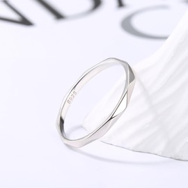 Milacolato 925 Silver Ring For Women Girls, 18K White Gold Plated Sterling Silver Ring Band Rings, 1.5mm Geometric Diamond Cut Surface Engagement Promise Finger Ring, Size 52-65