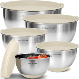 Priority Chef Premium Mixing Bowls With Lids Set, Airtight Lids, Thicker Stainless Steel, Non-Slip Base, 5 Nesting Steel Bowls for Kitchen, Large Prep Metal Bowl Set 1.5/2/3/4/5 Qt, Khaki