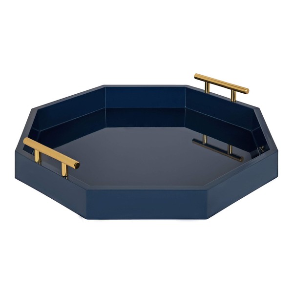 Kate And Laurel Lipton Mid-Century Octagon Tray, 18" x 18", Navy Blue and Gold, Chic Decorative Tray