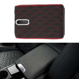 X AUTOHAUX Car Center Console Cover Car Armrest Cover Multifunctional 12.60"x8.66"x1.97" Black Red Napa Leather Water Ripple Pattern