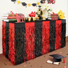 Mega-L 2025 Graduation Party Decorations, 2 Pack Red Black Wavy Metallic Tinsel Foil Fringe Table Skirts for Rectangle and Round Table, Decorations for Class of 2025, Prom and Grad Party Decor