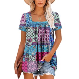 ROSELINLIN Womens Tunic Tops Short Sleeve Shirts Loose Fit Square Neck Summer Tops BlueBlocks XL