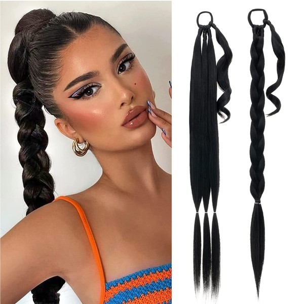 MY-LADY Long DIY Braided Ponytail Extension with Elastic Tie Straight Wrap Around Braid Hair Extensions Pony Tail Soft Synthetic Hairpiece for Women 34 inch Natural Black