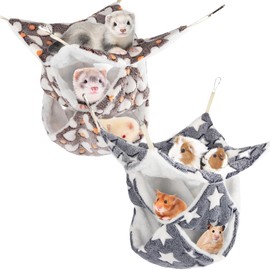 Kangerle 2Pcs 3-Tier Large Ferret Guinea Pig Hammock, Rat, Sugar Glider, Hamster Cage Accessories, Critter Cuddler Triple Fun & Comfort 13.8×13.8in, (Large, Coffee Color Heart & Gray Star)
