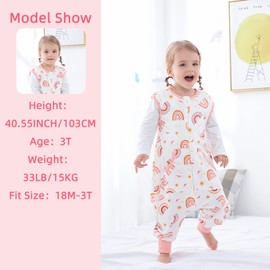 Baby Sleep Sack with Feet,Toddler Sleep Sack, 100% Cotton Unisex Toddler Wearable, 0.5 Tog Baby Sleeveless Sleeping Bag with 2-Way Zipper (Pink-rainbow, 9-18M)