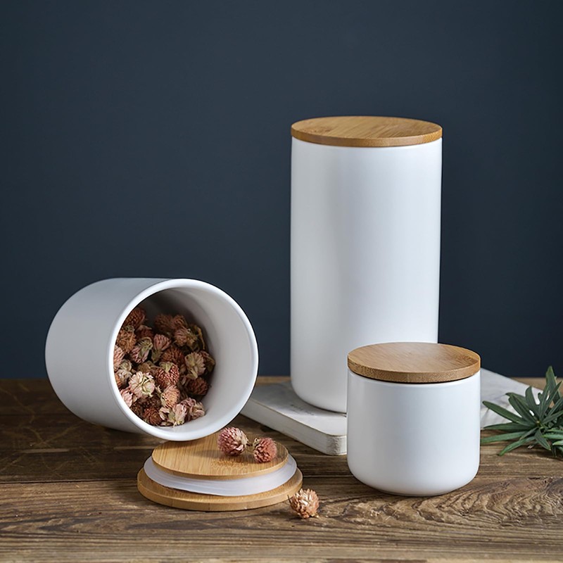 Modern Design Food Storage Container with Airtight Wooden Lid, Ceramic