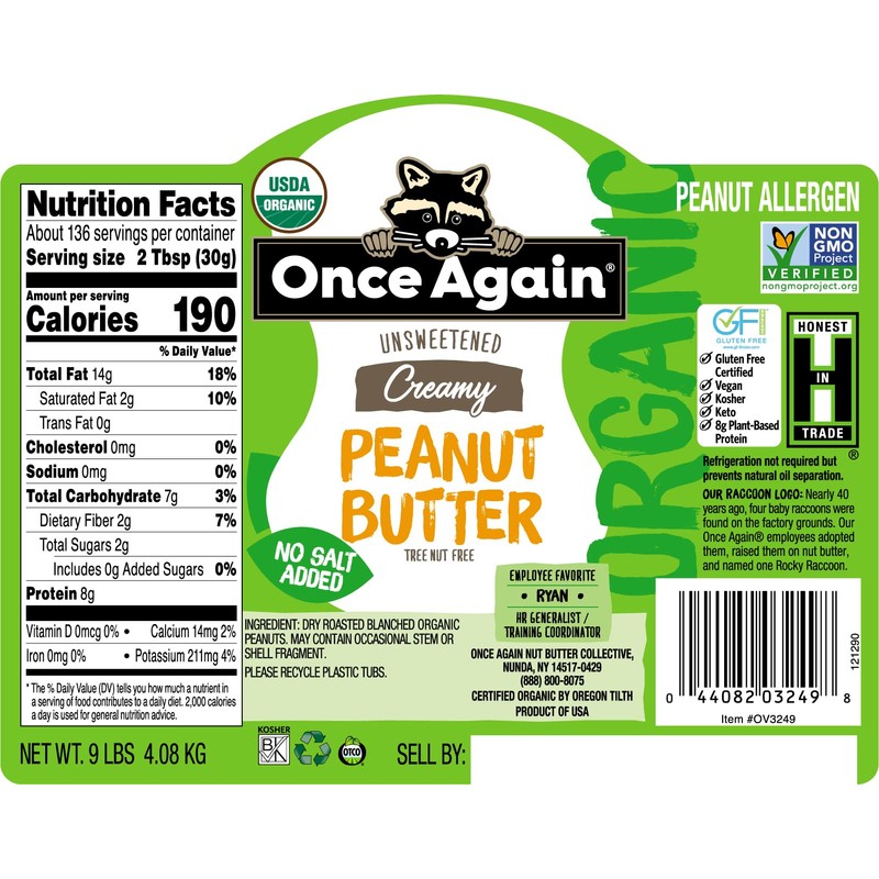 Once Again Organic, Creamy Peanut Butter - Salt Free, Unsweetened