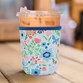 Reusable 3-Pack Iced Coffee Cup Sleeve, Insulated Neoprene, Beverage Holder for iced coffee, Durable Drink Sleeve for Cold Beverages, Butterfly Bloom