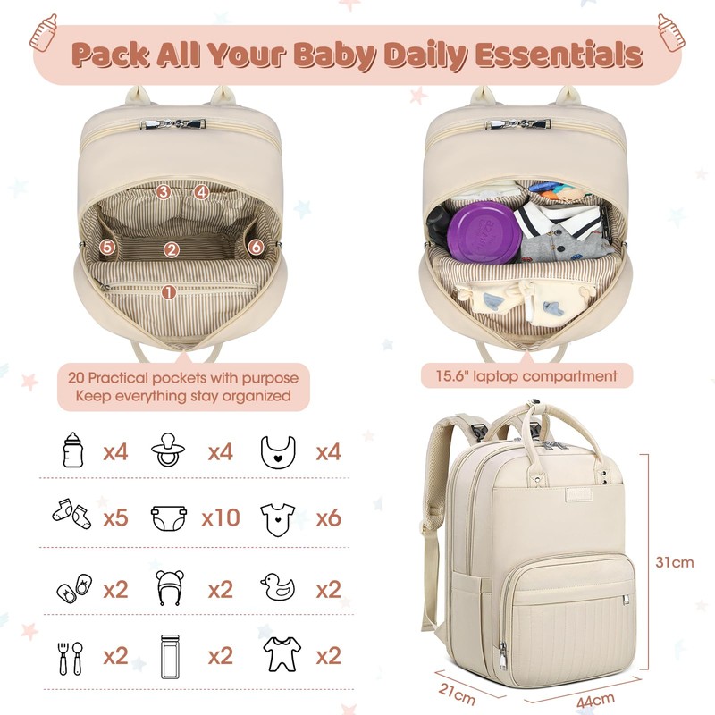 RAINSMORE Baby Changing Backpack Large Changing Bag Backpack with Pram