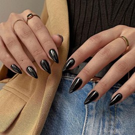 Black False Nails Almond, SXVME Black Press on Nails Almond Solid Color Full Cover Fake Nails Medium Almond Nails Press on Stick on Nails for Women DIY Nail Art 24 Pcs
