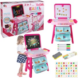 ROXIE Stranding Art Easel for Kids with Extra Letters and Numbers Double Sided Magnetic Chalkboard Whiteboard Drawing Easel for Girls Boys, Pink