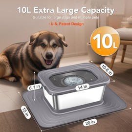 Decflow 10L Stainless Steel Dog Water Bowl, No Spill Anti-Splash Dog Bowls with XXL Silicone Mat, Spill-Proof Slow Feeder for Messy Drinkers, Heavy Duty Pet Bowls for Indoor/Outdoor Use