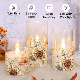 Immeiscent Sunflower Decor Glass Flameless Candles with Remote Timer Dimming Battery Powered Flickering LED Pillar Candle Set of 3 Gifts for Women Mom Mothers Day Birthday